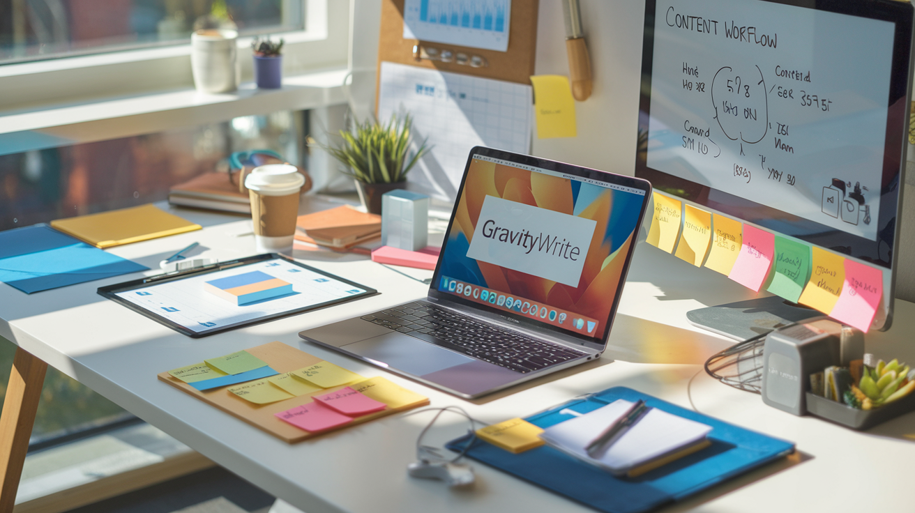 Create a realistic image of a clean, modern desk workspace with a laptop displaying the GravityWrite interface, surrounded by organized content planning materials like sticky notes and a small whiteboard with a content workflow diagram, a cup of coffee nearby, and productivity charts visible on a second screen, all bathed in natural light from a nearby window.