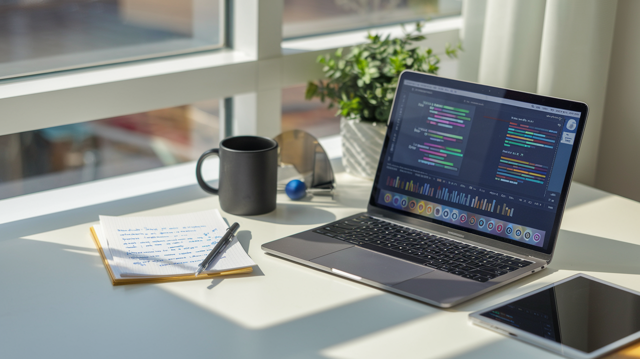 Create a realistic image of a clean, modern desk workspace with a laptop displaying advanced text editing software with grammar checking, sentence restructuring, and style enhancement tools visible on screen, alongside a notepad with edited text, a coffee mug, and a small plant, all bathed in natural daylight coming through a nearby window, conveying a professional writing environment.