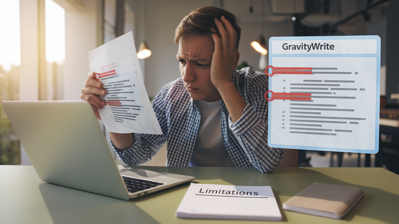 Create a realistic image of a frustrated user sitting at a desk with a laptop displaying the GravityWrite interface, looking confused while examining a document with red error highlights, with a notepad nearby listing "Limitations" as a header, showing a modern office environment with soft natural lighting coming through a window, conveying the challenges or restrictions of the software.