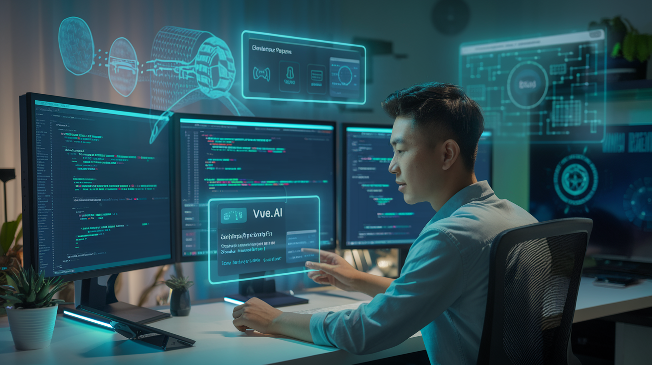 Create a realistic image of a software developer (Asian male) sitting at a modern workstation with multiple screens displaying Vue.js code, interactive component visualizations, and AI suggestion popups. Holographic UI elements showing real-time data flows and component relationships hover above the desk. A soft blue-green glow emanates from the screens, highlighting the developer's focused expression as he interacts with an AI assistant panel labeled "Vue.ai" that's suggesting optimizations to his code.