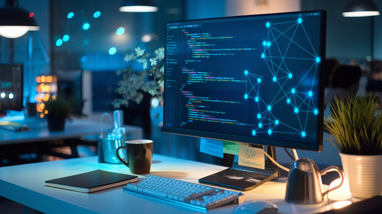 Create a realistic image of a sleek, modern workspace with a computer monitor displaying Vue.ai code with reactive data visualizations, showing real-time data flowing between components, highlighted by glowing blue connection lines, with a coffee mug and notebook beside the keyboard, all bathed in soft, ambient lighting that creates a professional tech atmosphere.