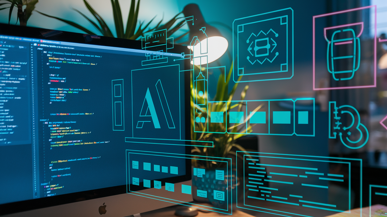 Create a realistic image of a modern workspace with a computer screen displaying Vue.js code on one side and automatically generating UI components on the other side, showing the AI's suggestion process with floating digital elements, component wireframes, and code snippets in a blue-green tech color scheme with soft ambient lighting highlighting the seamless bridge between coding and AI assistance.