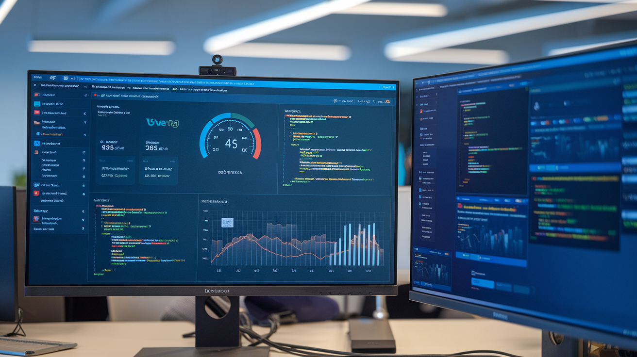Create a realistic image of a dashboard displaying performance metrics with speed gauges, optimization statistics, and real-time analytics, showing a Vue.js application running significantly faster after optimization, with code snippets visible on a dual monitor setup, sleek modern workspace, soft ambient lighting highlighting improved loading times and resource usage graphs.