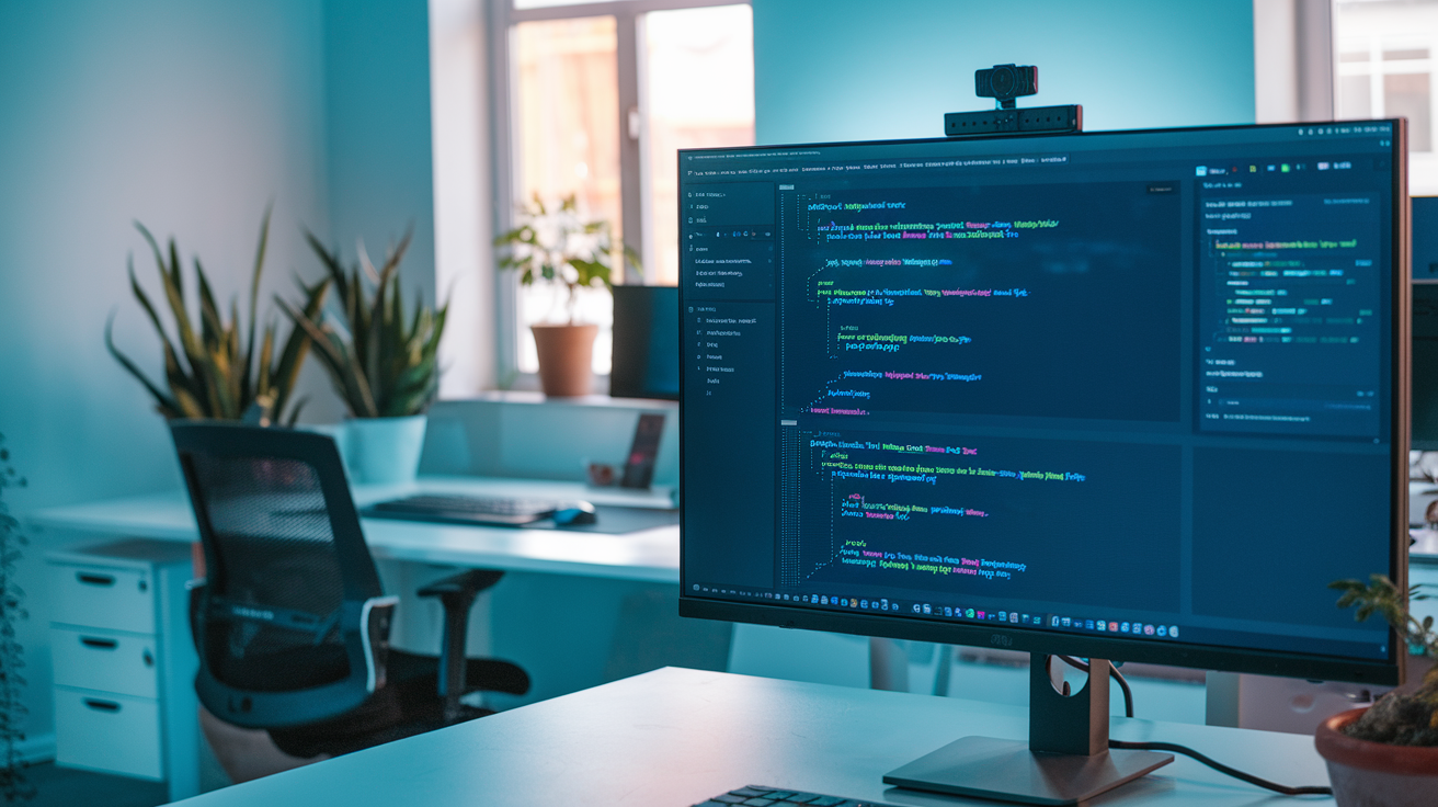 Create a realistic image of a close-up view of a computer screen displaying a Vue.js debugging interface with highlighted error messages, real-time code suggestions, and AI-powered troubleshooting tools that automatically detect and fix bugs, set against a modern office workspace with soft blue lighting highlighting the innovative technology.