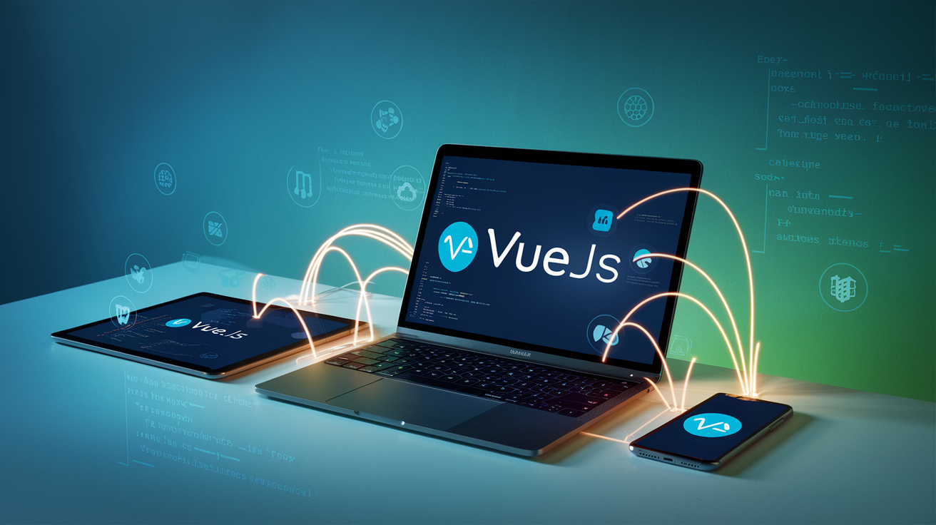 Create a realistic image of a clean, modern workspace with multiple interconnected devices (laptop, tablet, smartphone) all displaying the Vue.js logo and interface components, with glowing connection lines between them, surrounded by floating integration icons of popular frameworks and tools, against a gradient blue-green background with code snippets subtly visible, conveying a seamless ecosystem of technologies working together.