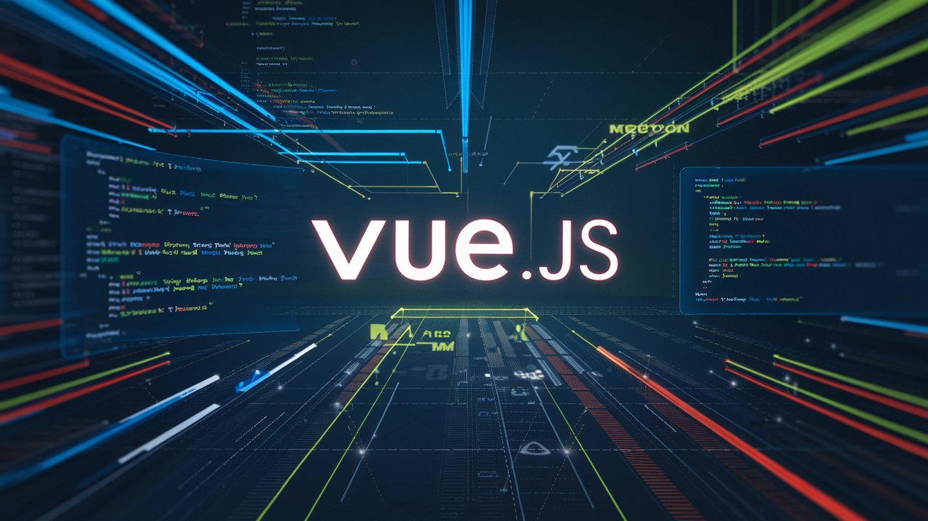 Create a realistic image of a sophisticated digital dashboard visualizing Vue.js state management with flowing data streams, glowing connections between components, and a clean modern interface with Vue.js logo prominently displayed, featuring code snippets and reactive state updates, set against a dark background with blue and green accent lighting to highlight the revolutionary technology.