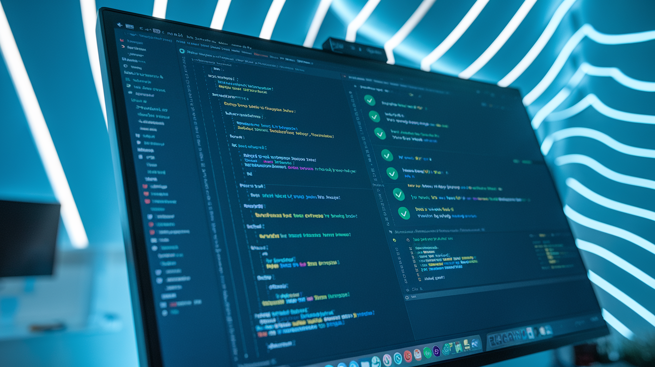 Create a realistic image of a computer screen displaying Vue.js code with testing modules open, showing green checkmarks for passing tests, with debugging tools and automated testing frameworks visible in the interface, set in a modern office environment with soft blue lighting highlighting the screen's glow, emphasizing the advanced testing features of Vue.ai.
