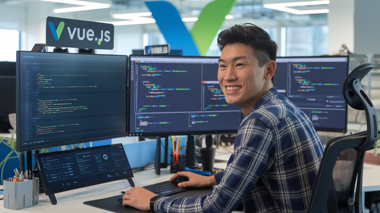 Create a realistic image of a web developer (East Asian male) with a satisfied smile, sitting at a modern desk with multiple monitors displaying Vue.js code and UI components, using intuitive developer tools, with visual cues of productivity like organized workspace, quick access panels, and real-time error detection, in a bright office environment with blue and green Vue.js branding elements visible.
