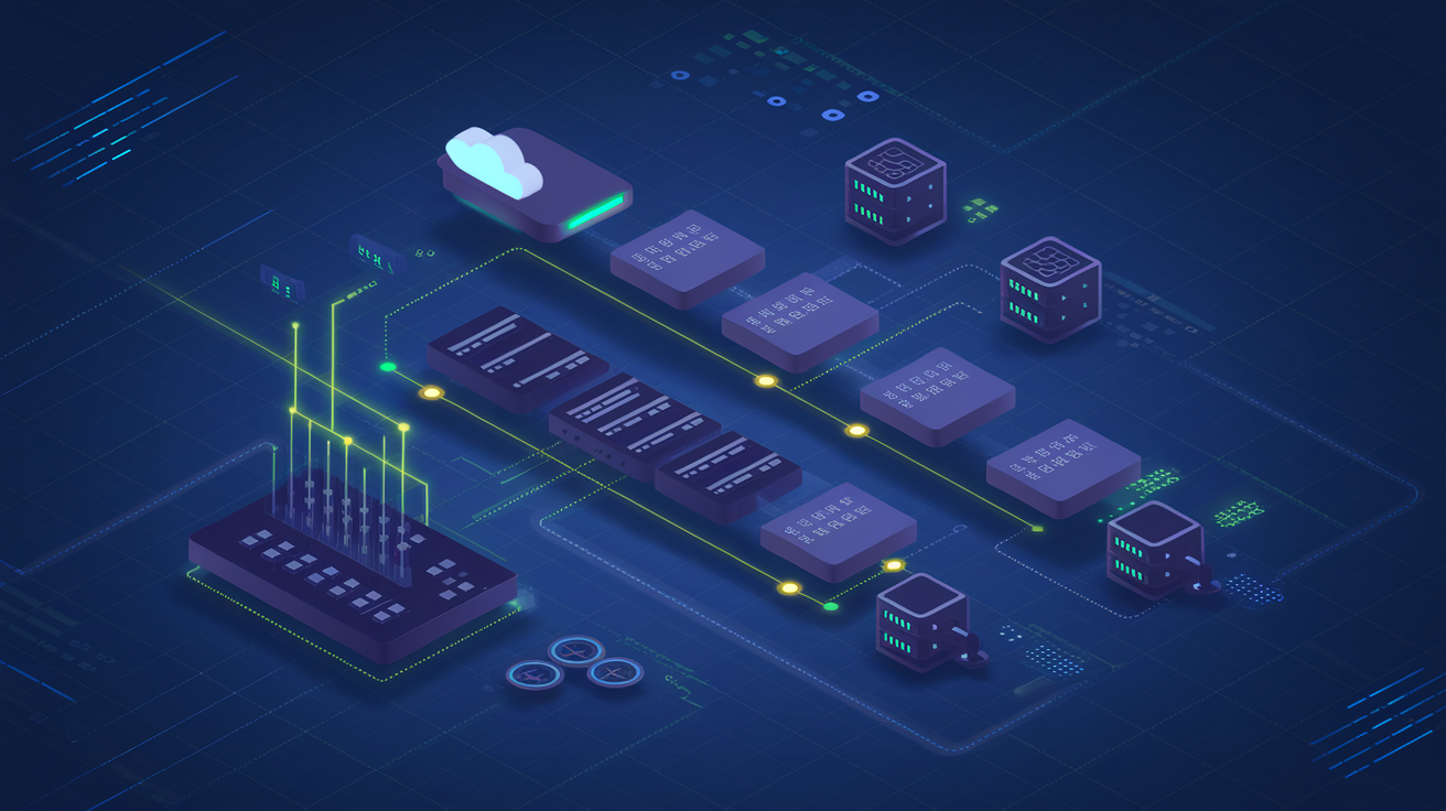 Create a realistic image of a sleek deployment pipeline diagram showing code flowing from a Vue.js development environment through testing, integration, and deployment stages, with glowing green success indicators, cloud server icons, and automated workflow arrows, on a dark blue technical background with subtle digital grid patterns.