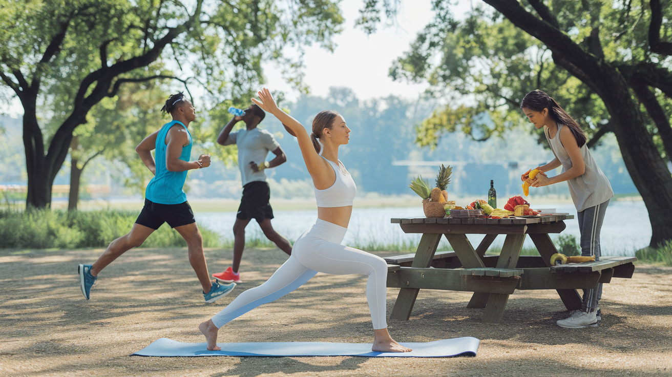Create a realistic image of a diverse group of active people (white female, black male, Asian female) in a sunny outdoor park setting, engaging in various healthy activities - one doing yoga, another drinking water after jogging, and the third preparing fresh fruits and vegetables at a picnic table, with a peaceful natural background of trees and blue sky, conveying energy, wellness and balance, with soft text overlay reading "Your Strongest, Healthiest Life."