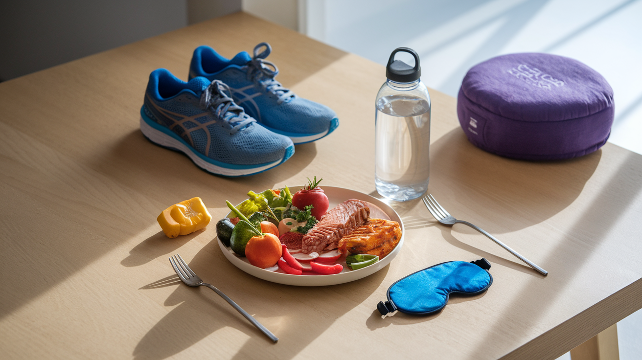 Create a realistic image of a balanced arrangement showing the five foundations of a healthy lifestyle - a plate with colorful vegetables and lean protein, a water bottle, running shoes, a meditation cushion, and a sleep mask - arranged on a clean wooden table with soft natural lighting creating a calm, inspiring atmosphere.