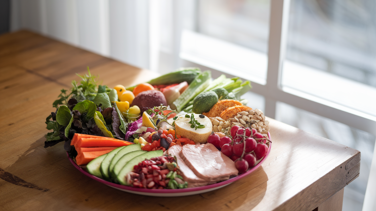 Create a realistic image of a vibrant, colorful plate filled with nutritious foods including leafy greens, colorful vegetables, lean proteins, whole grains, and healthy fats, arranged beautifully on a wooden table with natural light streaming in from a window, creating a bright, inviting atmosphere that suggests optimal nutrition and health.