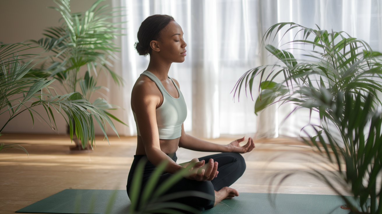 Create a realistic image of a serene meditation scene where a black female with closed eyes sits cross-legged on a yoga mat, surrounded by soft green plants and natural light streaming through a window, creating a peaceful atmosphere that represents mental and emotional wellness.