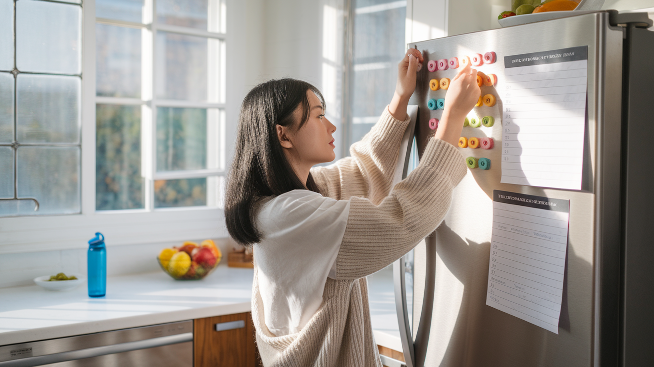 Create a realistic image of a young Asian female arranging colorful habit tracker magnets on a refrigerator, with a weekly meal plan and exercise schedule visible, natural sunlight streaming through kitchen windows, a water bottle and fresh fruit bowl nearby, showing a moment of organization and commitment to healthy routines in a modern, clean kitchen environment.