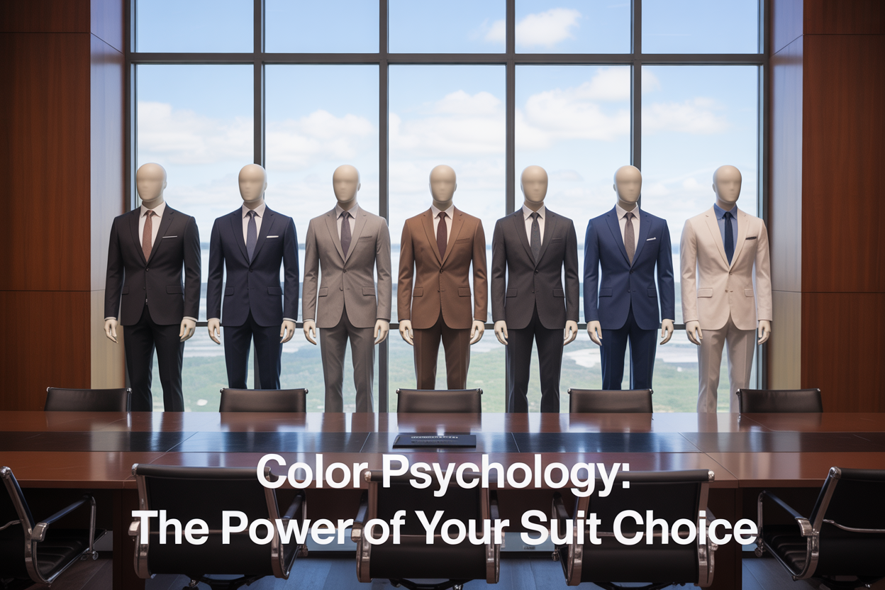 Create a realistic image of a professional conference room with a row of mannequins wearing different colored suits (black, navy, gray, brown, and white), arranged in front of a large window with natural light streaming in, each suit casting a subtle colored aura that represents different personality traits, with the text "COLOR PSYCHOLOGY: THE POWER OF YOUR SUIT CHOICE" elegantly displayed at the bottom.