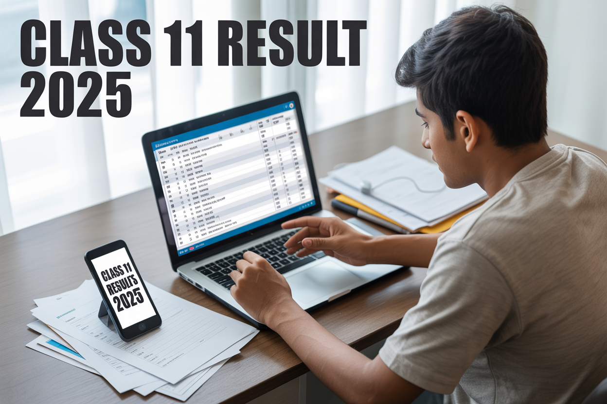 Create a realistic image of a young Indian student (male, brown skin) sitting at a wooden desk with a laptop open displaying a digital marksheet on screen, surrounded by educational documents and certificates, with a smartphone showing "Class 11 Results 2025" text on the display, bright natural lighting from a window, clean modern study room background, with the text "Class 11 Result 2025" prominently displayed at the top of the image, conveying a mood of achievement and academic success.