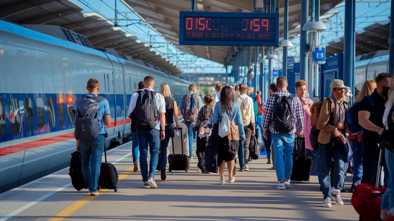Create a realistic image of a high-speed European train at a station platform with visible discount ticket prices displayed on an electronic board, featuring a diverse group of budget travelers with backpacks and luggage, set during daytime with natural lighting highlighting the modern train infrastructure and cost-saving travel atmosphere.