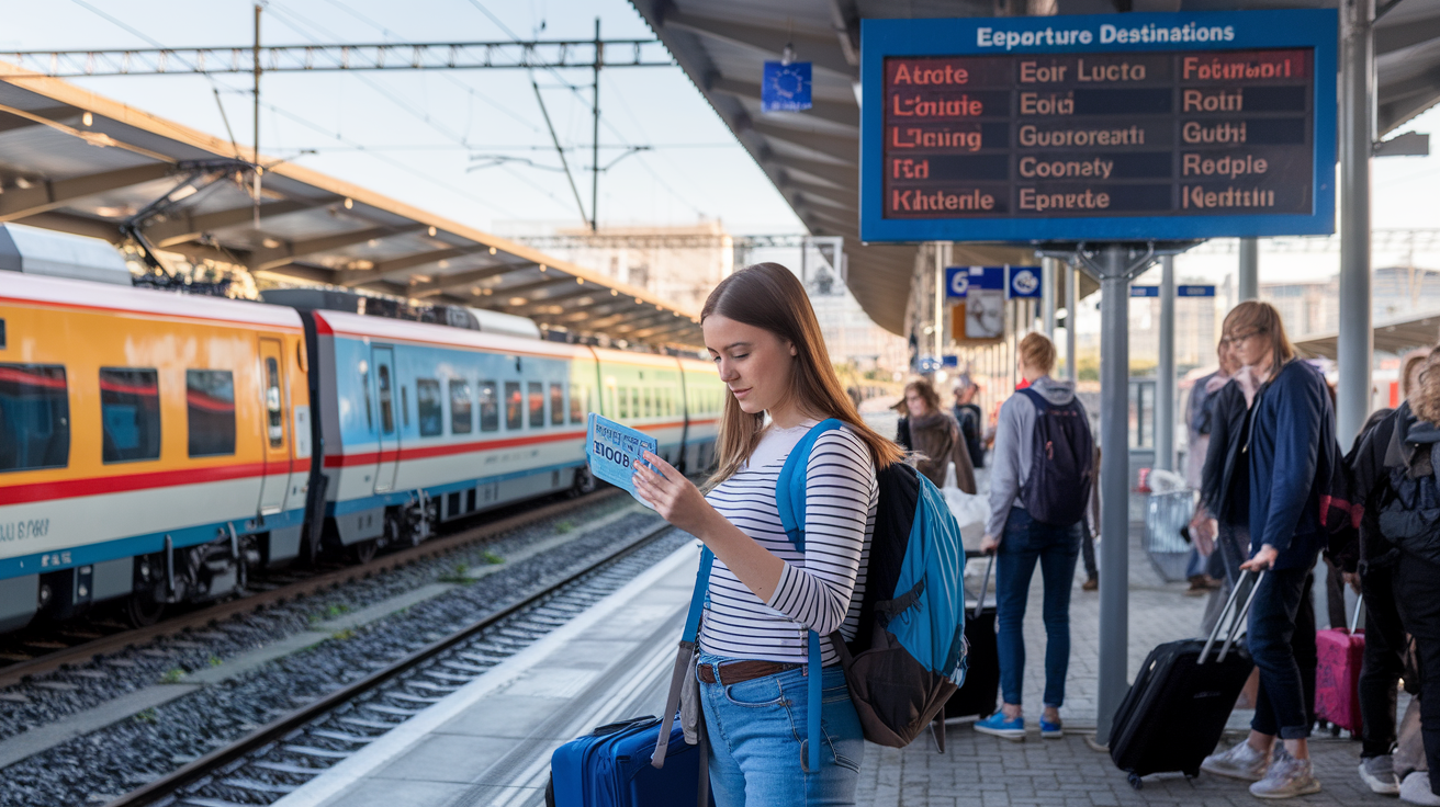 Create a realistic image of a young white female backpacker checking a European rail pass while standing on a train platform with multiple colorful regional trains in the background, a large departure board above showing various European destinations, and other budget travelers with luggage nearby, soft natural lighting suggesting early morning, portraying an affordable way to explore Europe by train.