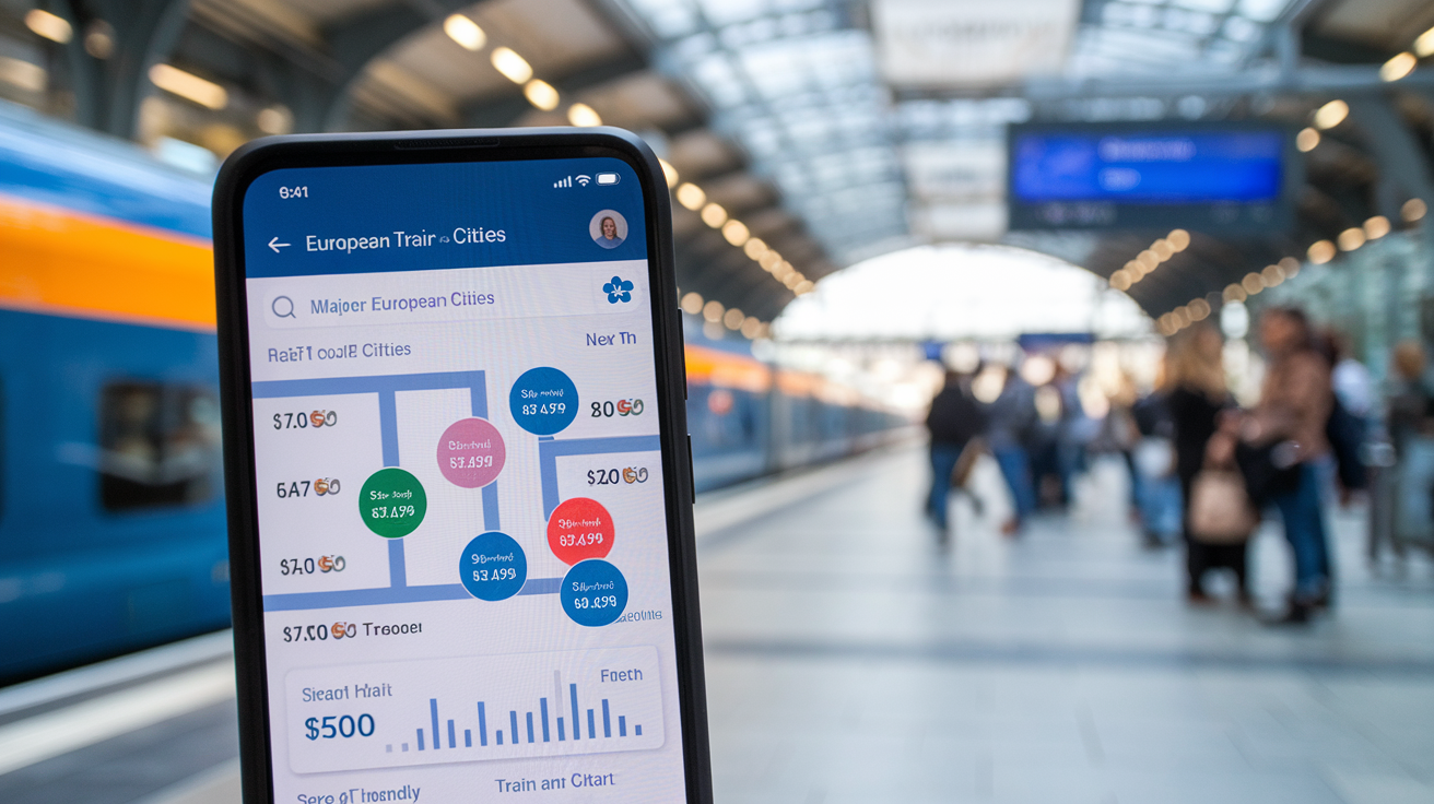 Create a realistic image of a smartphone displaying a European train and bus booking app interface, showing route options across major European cities, with train and coach icons, price comparisons, and a user-friendly search bar, set against a blurred background of a modern European train station with passengers waiting on the platform.