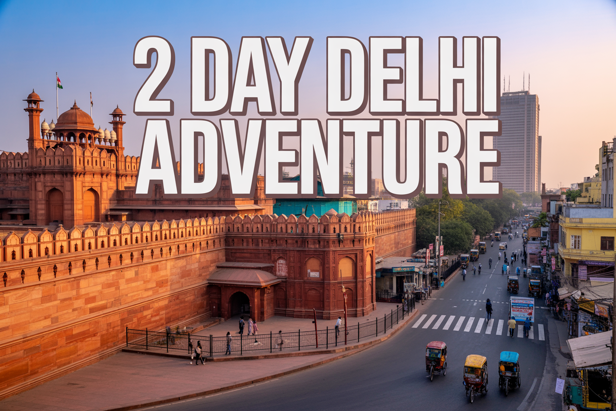Create a realistic image of a vibrant Delhi cityscape featuring the iconic Red Fort with its distinctive red sandstone walls in the foreground, modern skyscrapers and bustling streets in the background, colorful rickshaws and street vendors visible, warm golden hour lighting casting long shadows, with the text "2 Day Delhi Adventure" overlaid in bold white letters with a subtle dark outline in the upper portion of the image.