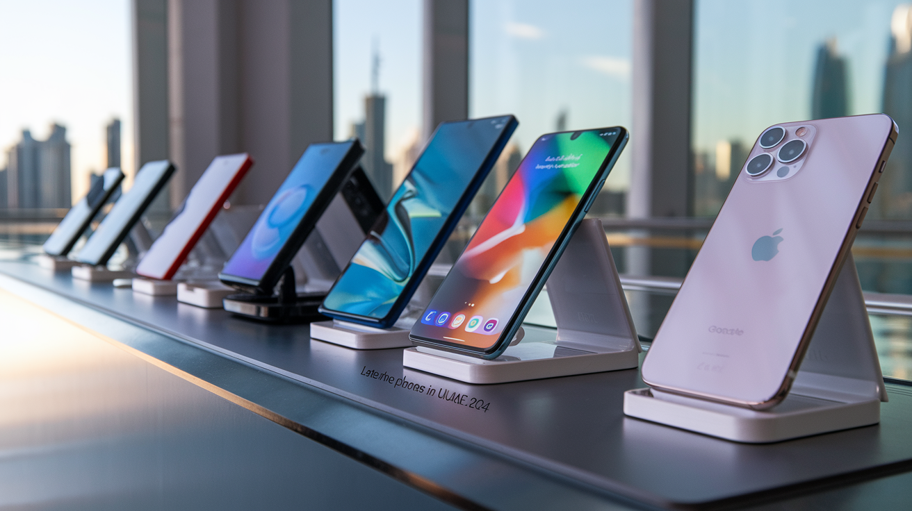 Create a realistic image of the latest premium smartphones arranged on a sleek display table with UAE skyline in background, showing iPhone 15, Samsung S24 Ultra, Google Pixel 8 Pro, and other top models with their screens lit up displaying vibrant content, with soft studio lighting highlighting the devices' premium materials and a subtle text overlay reading "Latest Mobile Phones in UAE 2024."