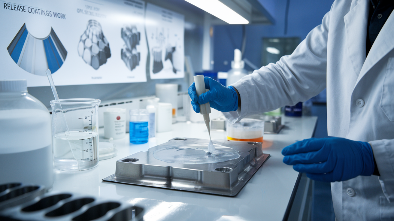 Create a realistic image of a laboratory setting where a scientist in a white lab coat is applying a clear release coating agent to a metal mold, with beakers and containers of different release agents visible on a workbench, technical diagrams showing how release coatings work on a wall, and bright, clinical lighting highlighting the smooth, non-stick surface where the coating has been applied.