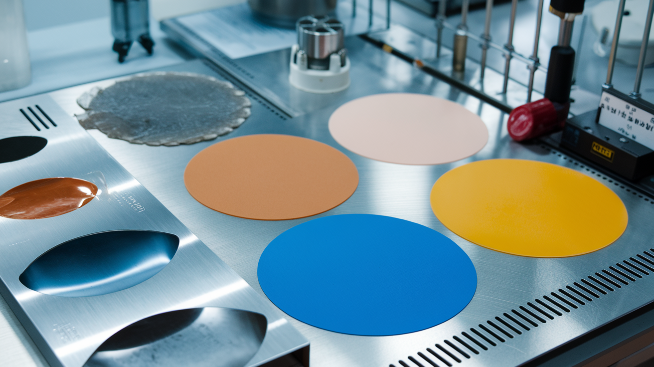 Create a realistic image of a laboratory setting where release coating agents are being tested, showing close-up views of different surfaces with various release agents applied, displaying properties like non-stick characteristics, heat resistance, and durability, with technical measuring equipment nearby, bright clinical lighting highlighting the smooth, glossy finishes on metal and silicone test plates.