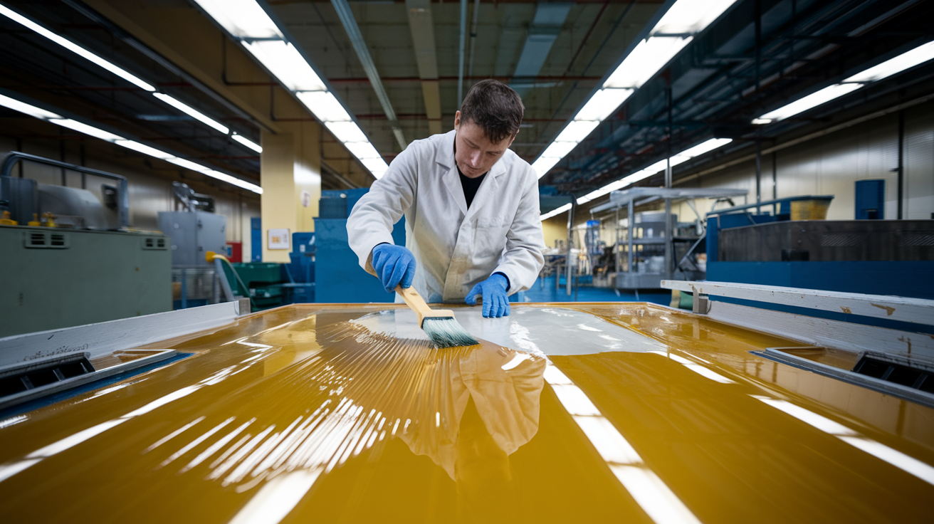 Create a realistic image of a manufacturing facility with a worker in a lab coat applying a release coating agent to a mold, showing the clean separation of a finished product, with industrial equipment in the background and bright overhead lighting highlighting the smooth, non-stick surface of the treated area.