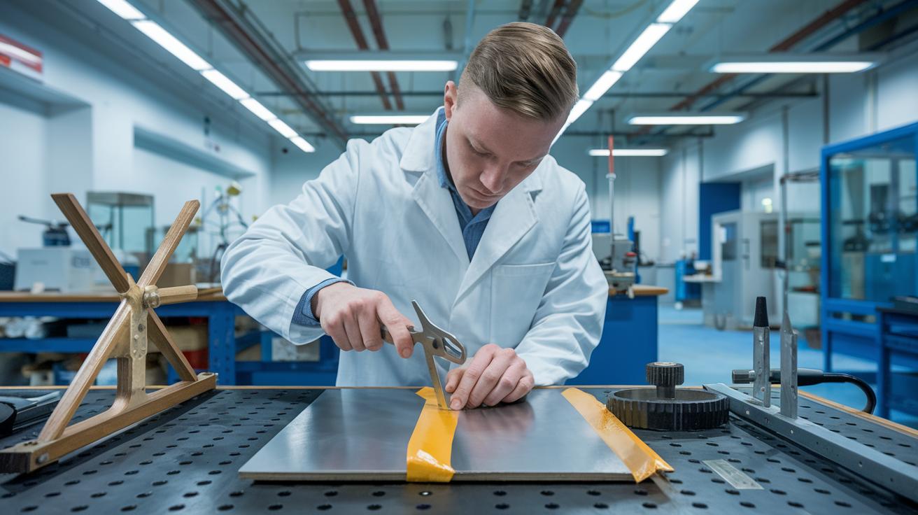 Create a realistic image of a laboratory technician in a white coat conducting a coating adhesion test on a metal panel, using a cross-hatch cutter tool to perform a tape test, with various testing equipment visible in the background including a pull-off adhesion tester and scrape test apparatus, in a well-lit industrial testing facility, with "Coating Adhesion Testing Methods" appearing as text overlay.