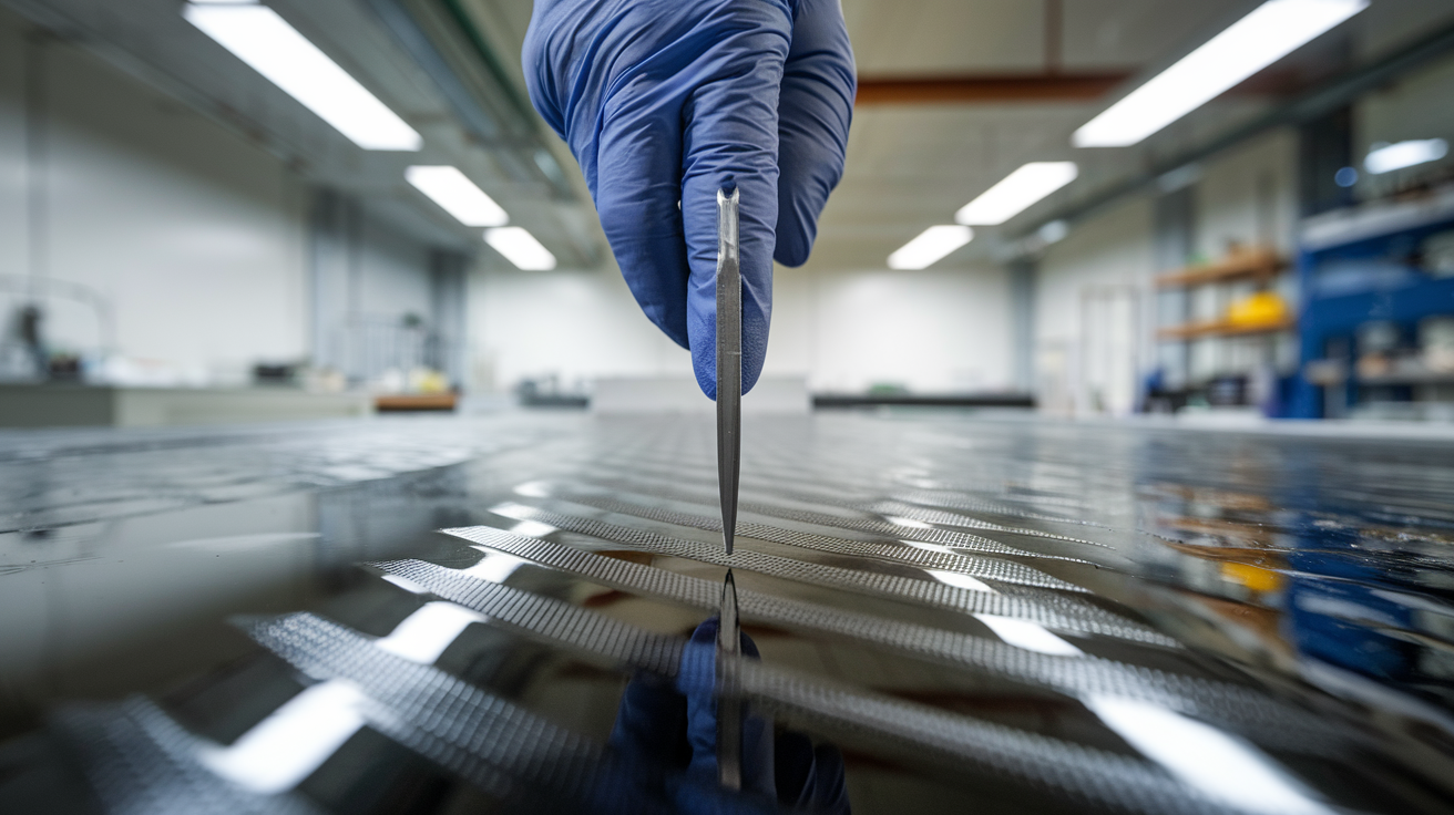Create a realistic image of a close-up view of a gloved hand holding a sharp utility knife or blade making a crosshatch pattern on a coated surface, with a laboratory or industrial setting in the background, bright overhead lighting highlighting the coating and test area, showing the peeling or separation of the coating during the adhesion test.