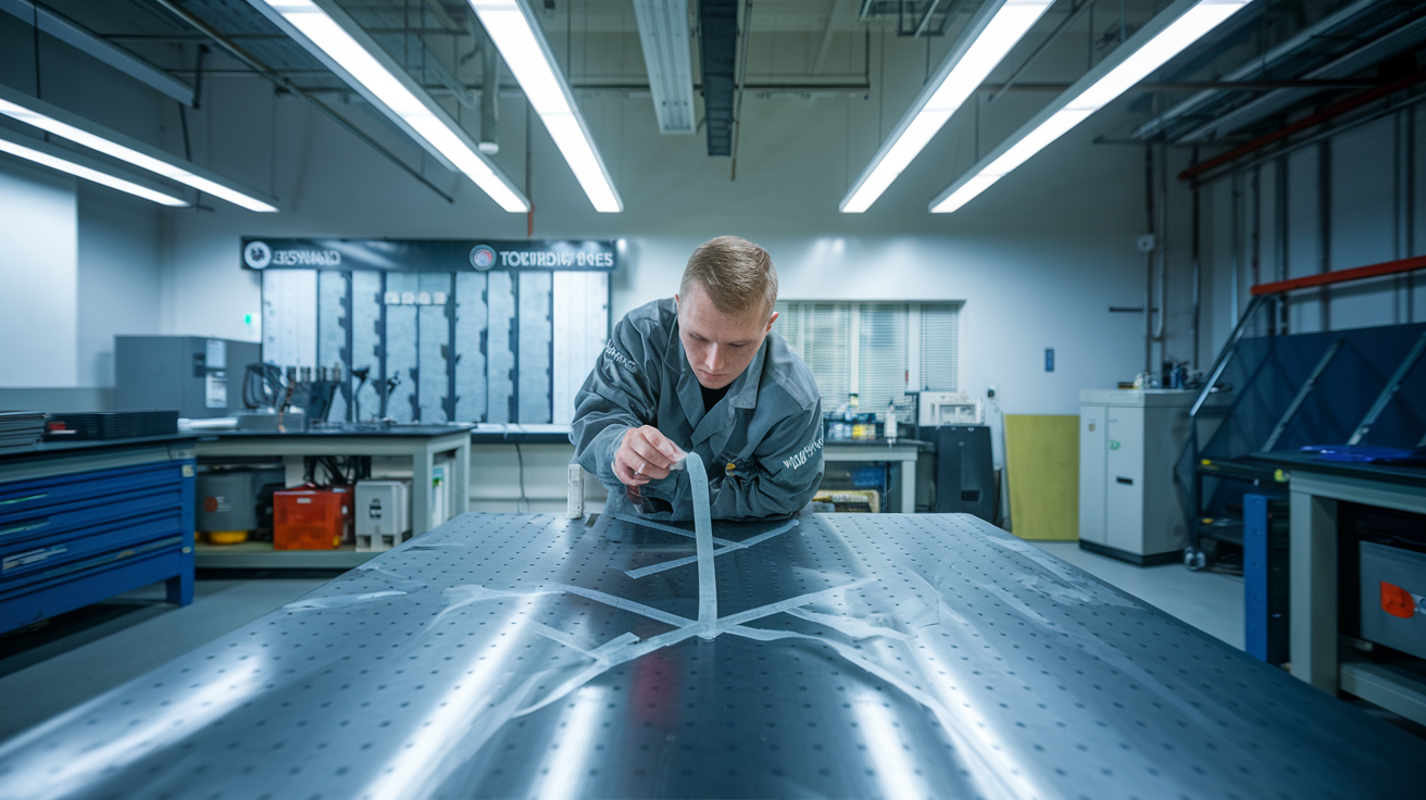 Create a realistic image of a laboratory setting where a quality control technician is performing a tape adhesion test on a coated metal panel, showing clear tape being applied to a cross-hatched surface pattern, with testing equipment, adhesion standards chart, and various coated samples visible in the background, under bright overhead lighting highlighting the testing process.