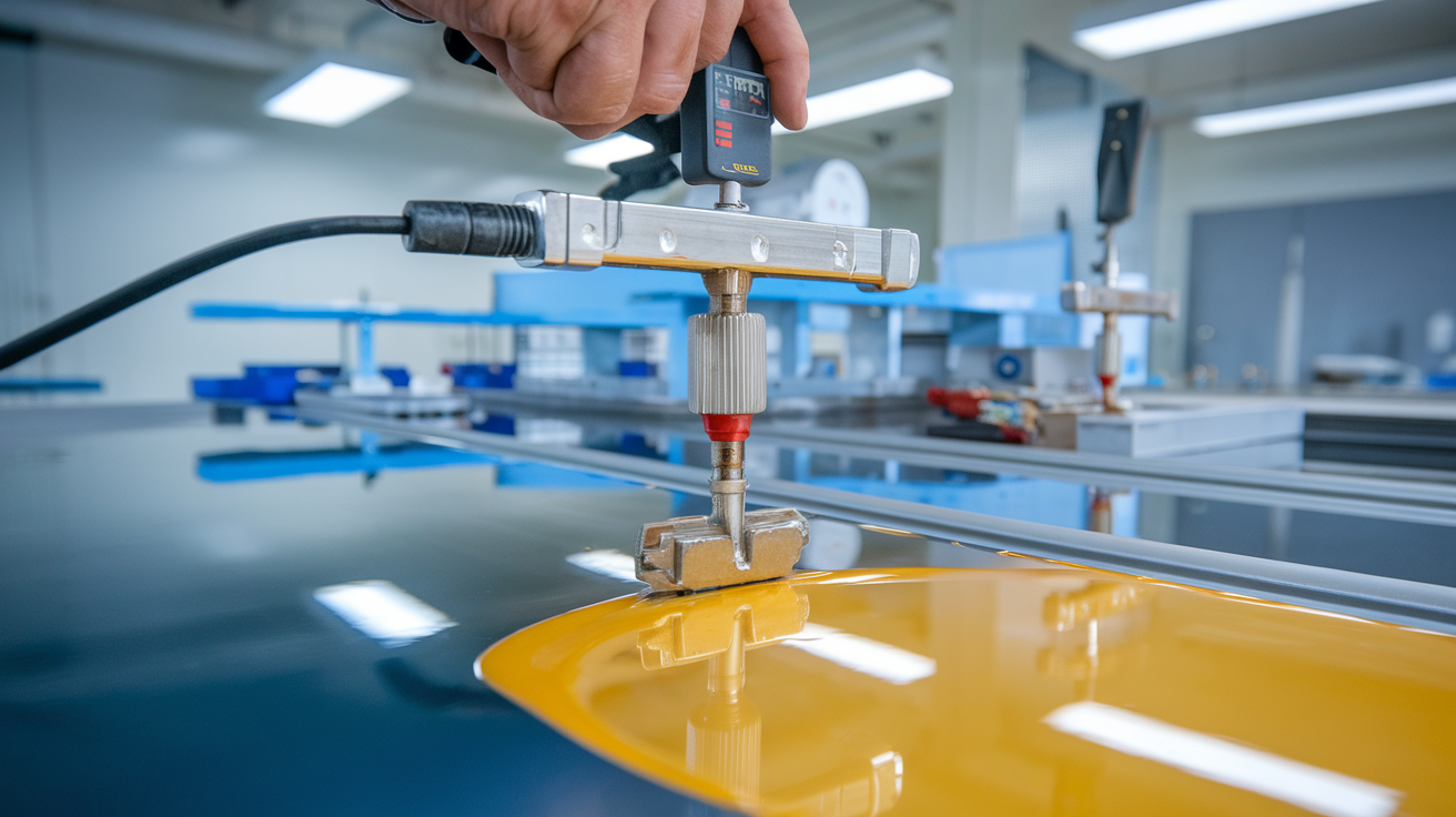 Create a realistic image of a materials engineer or technician performing a pull-off adhesion test on a coated metal panel, showing specialized testing equipment with a metal dolly bonded to the surface and connected to a force gauge, in a well-lit laboratory setting with other coating samples visible in the background.