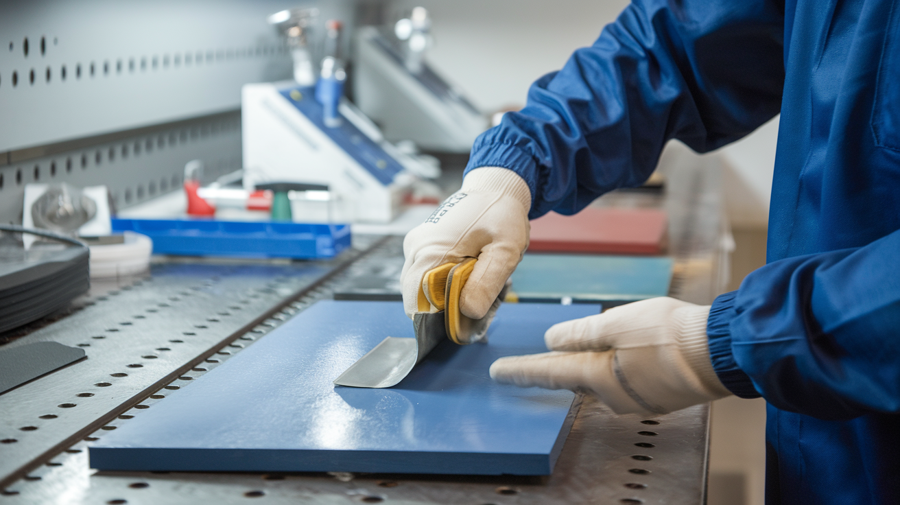 Create a realistic image of a laboratory technician wearing protective gloves conducting a scrape adhesion test on a coated metal panel, using a specialized scraping tool or blade to evaluate coating adhesion strength, with testing equipment and various coated samples visible in the background on a well-lit workbench.