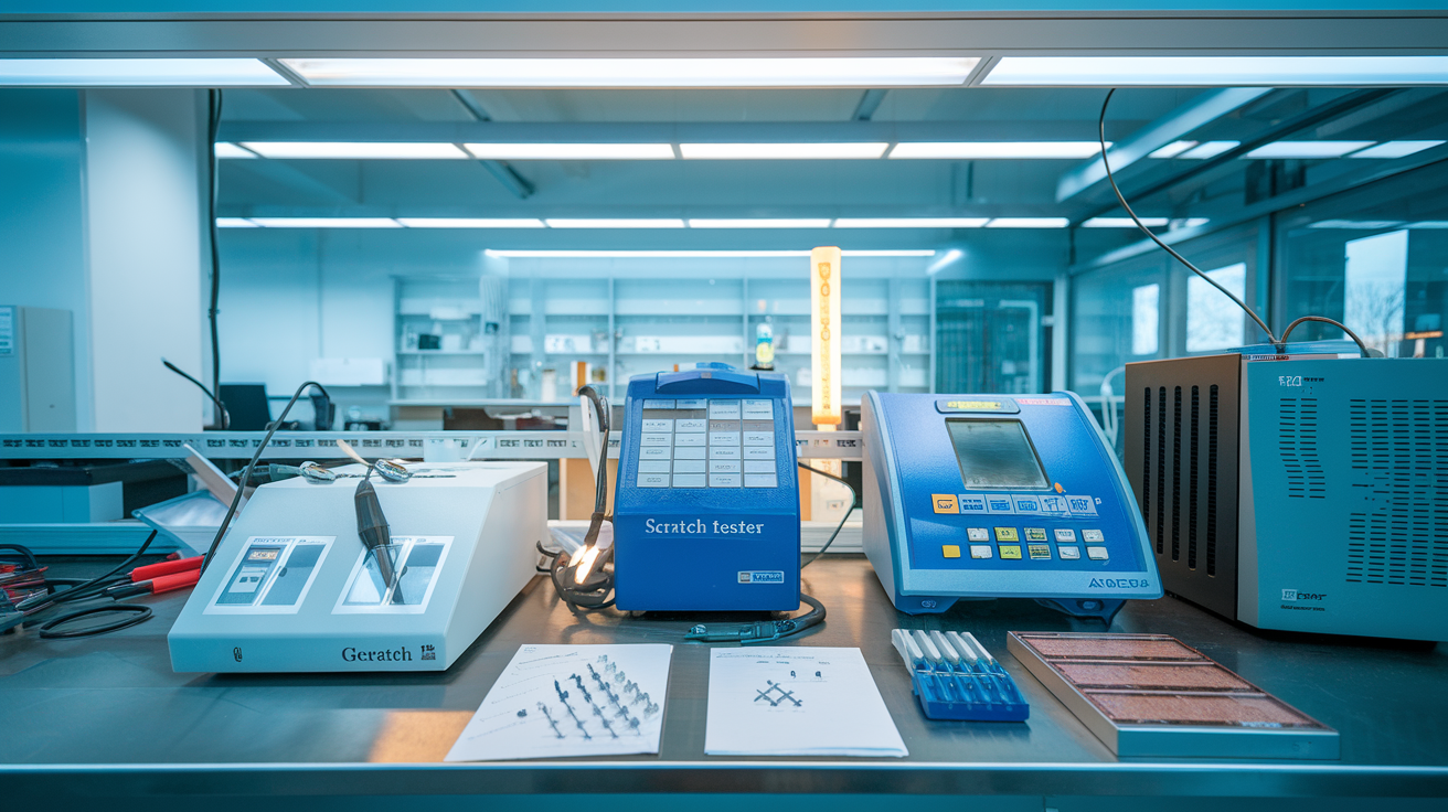 Create a realistic image of various coating adhesion test equipment arranged on a laboratory workbench, including a scratch tester, impact tester, and thermal cycling chamber, with technical documents and test samples nearby, under bright, clinical lighting that highlights the precision instruments against a clean, professional laboratory background.