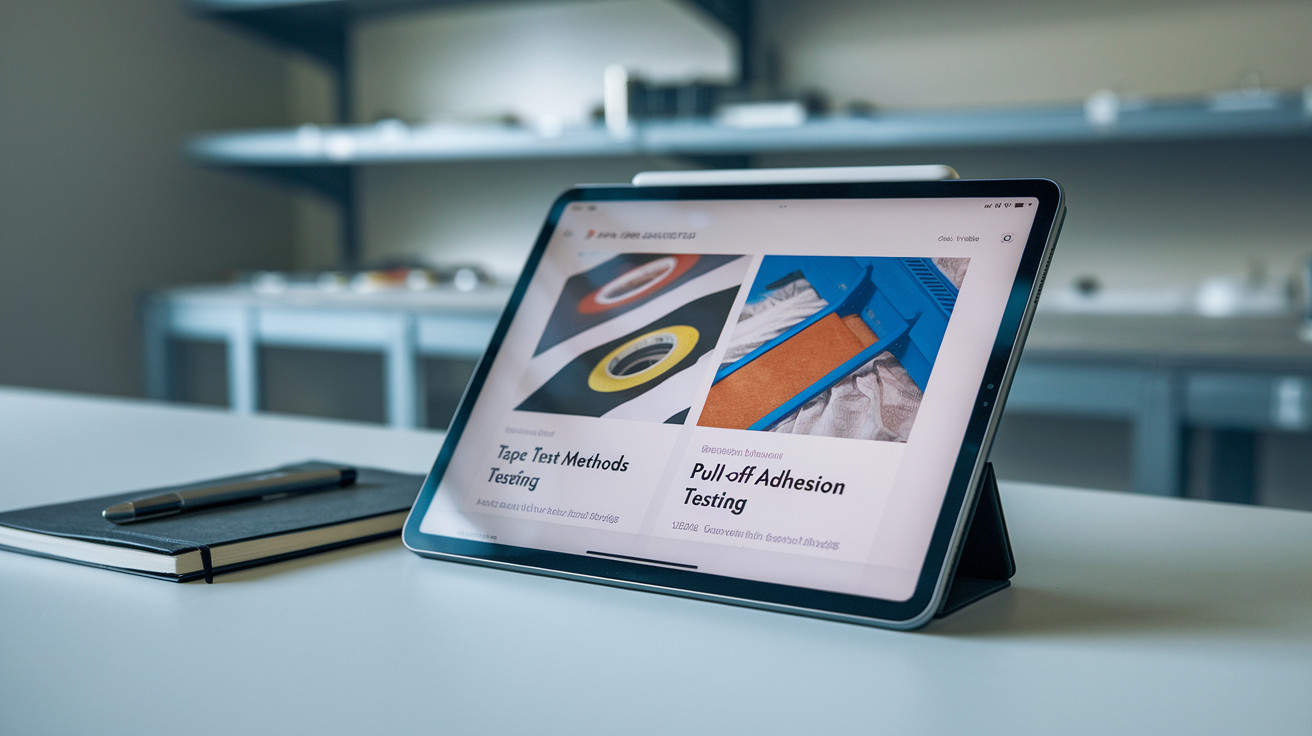 Create a realistic image of a digital tablet displaying a collection of article thumbnails related to coating adhesion tests, with visible titles like "Tape Test Methods" and "Pull-Off Adhesion Testing," resting on a clean white desk next to a notebook and pen, with a subtle laboratory environment visible in the background.