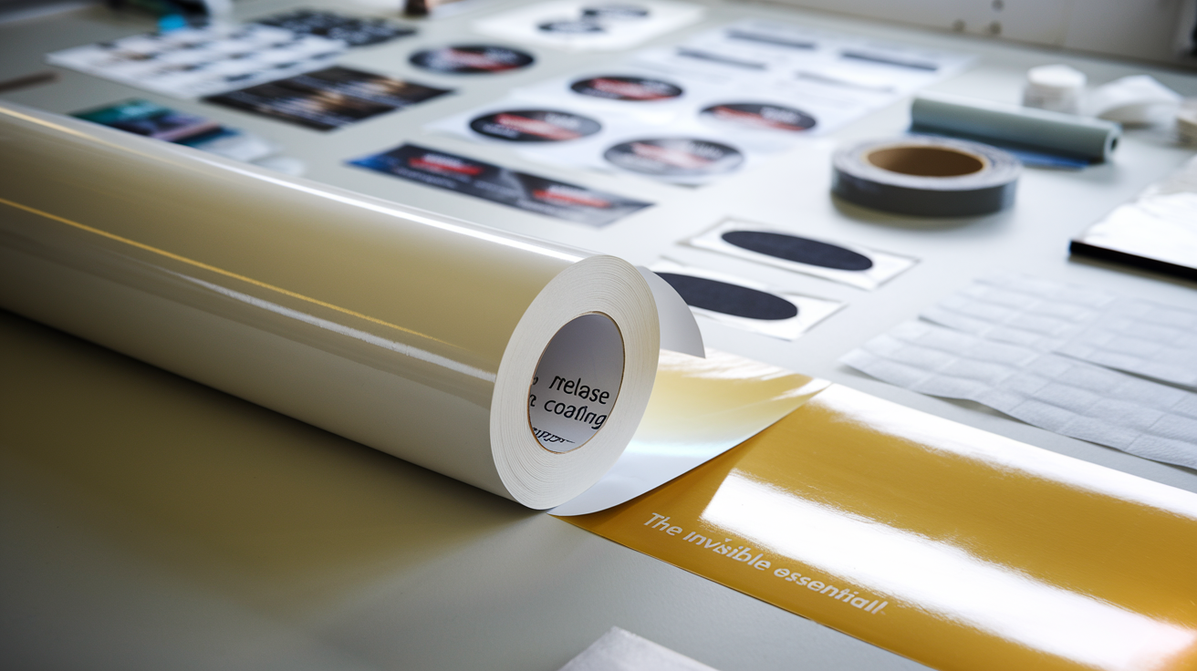 Create a realistic image of a roll of glossy release coating paper being partially peeled away to reveal an adhesive label underneath, with various industrial and craft applications visible in the background like stickers, medical bandages, and construction materials, all arranged on a clean workbench with good lighting highlighting the smooth, non-stick surface of the paper, with the text "Release Coating: The Invisible Essential" subtly appearing in the corner.