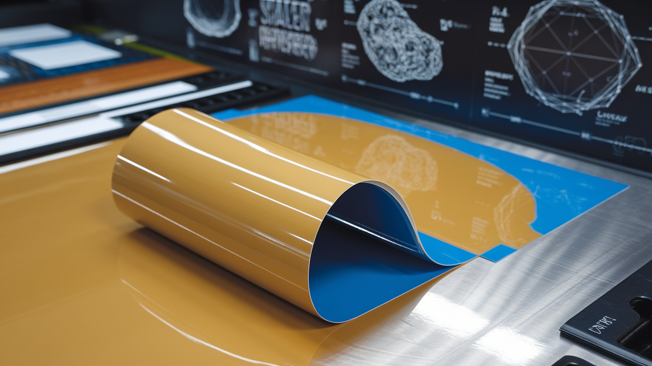 Create a realistic image of a close-up view of release coating paper with a silicone layer being peeled away, revealing the glossy non-stick surface underneath, displayed on a clean workbench with various types of release papers (silicone-coated, fluoropolymer-coated) arranged nearby, and technical diagrams showing the paper's structure in the background, all under bright, even lighting to highlight the paper's specialized texture.