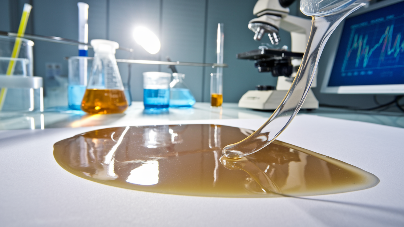 Create a realistic image of a close-up view of release coating being applied to paper, showing a thin, transparent silicone layer being spread onto white paper, with laboratory equipment like beakers of chemicals and measuring tools in the background, a microscope displaying the molecular structure of the coating, bright, clinical lighting highlighting the glossy surface of the coated paper, and scientific charts or graphs on a nearby computer screen.