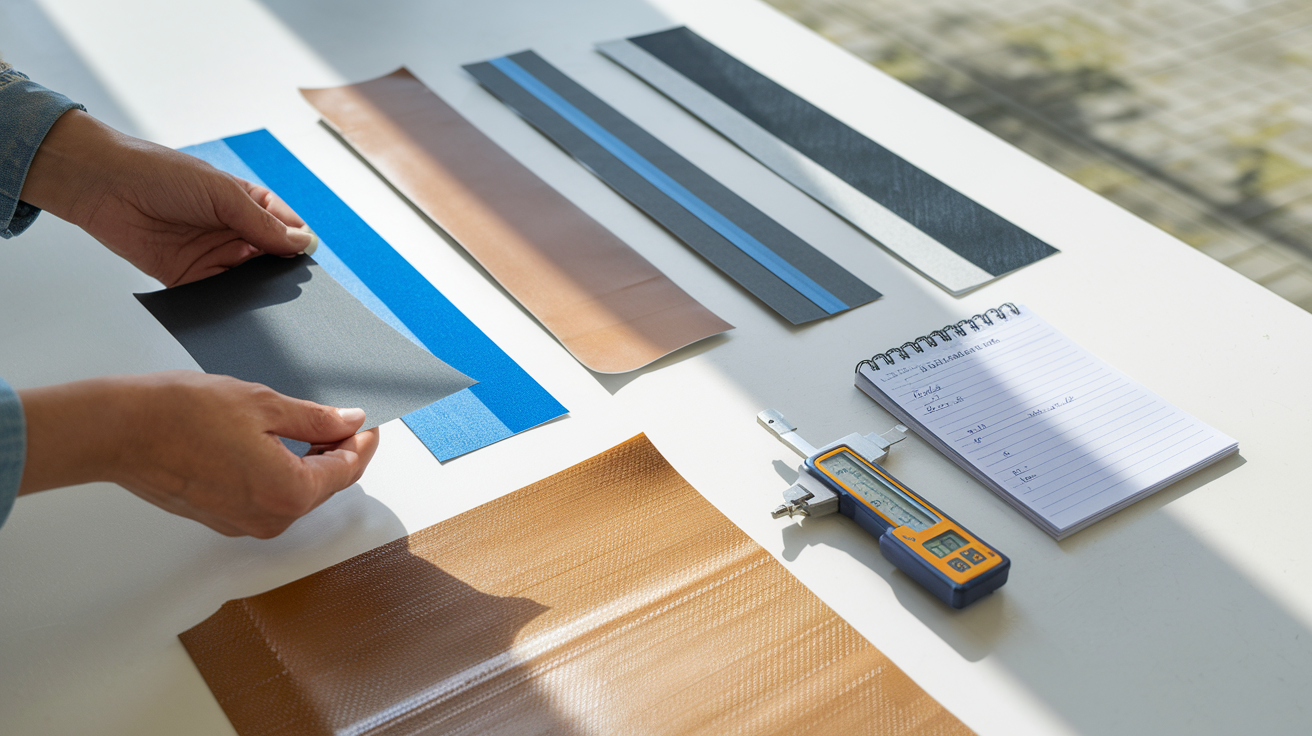 Create a realistic image of a person's hands comparing different release coating paper samples laid out on a clean white table, with some samples showing silicone-coated surfaces and others displaying polyethylene coatings, alongside a notepad with specifications and a digital caliper measuring thickness, all under bright, natural lighting highlighting the different textures and finishes of the papers.