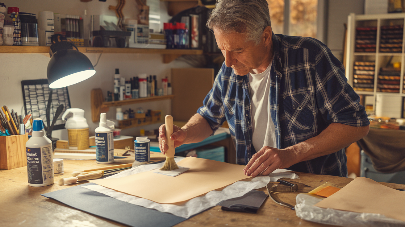 Create a realistic image of a middle-aged white male in a home workshop applying release coating to handmade paper, with DIY tools and materials spread on a wooden workbench, including silicone sprays, brushes, and wax paper, warm ambient lighting highlighting the detailed application process, shelves of craft supplies visible in the background.