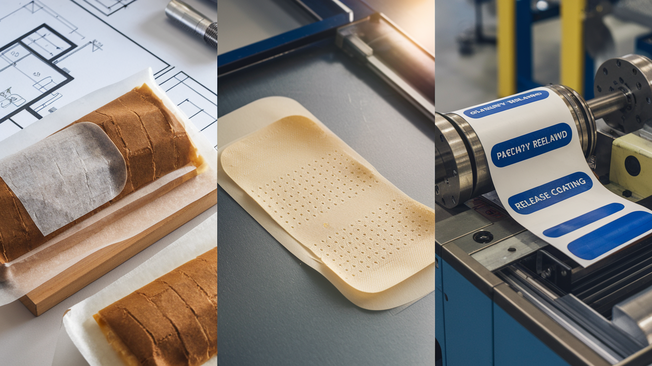 Create a realistic image of various release coating paper applications in different industries, showing a split screen with food packaging (silicone-coated baking paper), medical adhesives (bandage with release liner), and industrial labels (peel-away stickers on manufacturing equipment), all displayed on a clean workbench with technical blueprints, soft natural lighting highlighting the paper's glossy release coating surfaces.