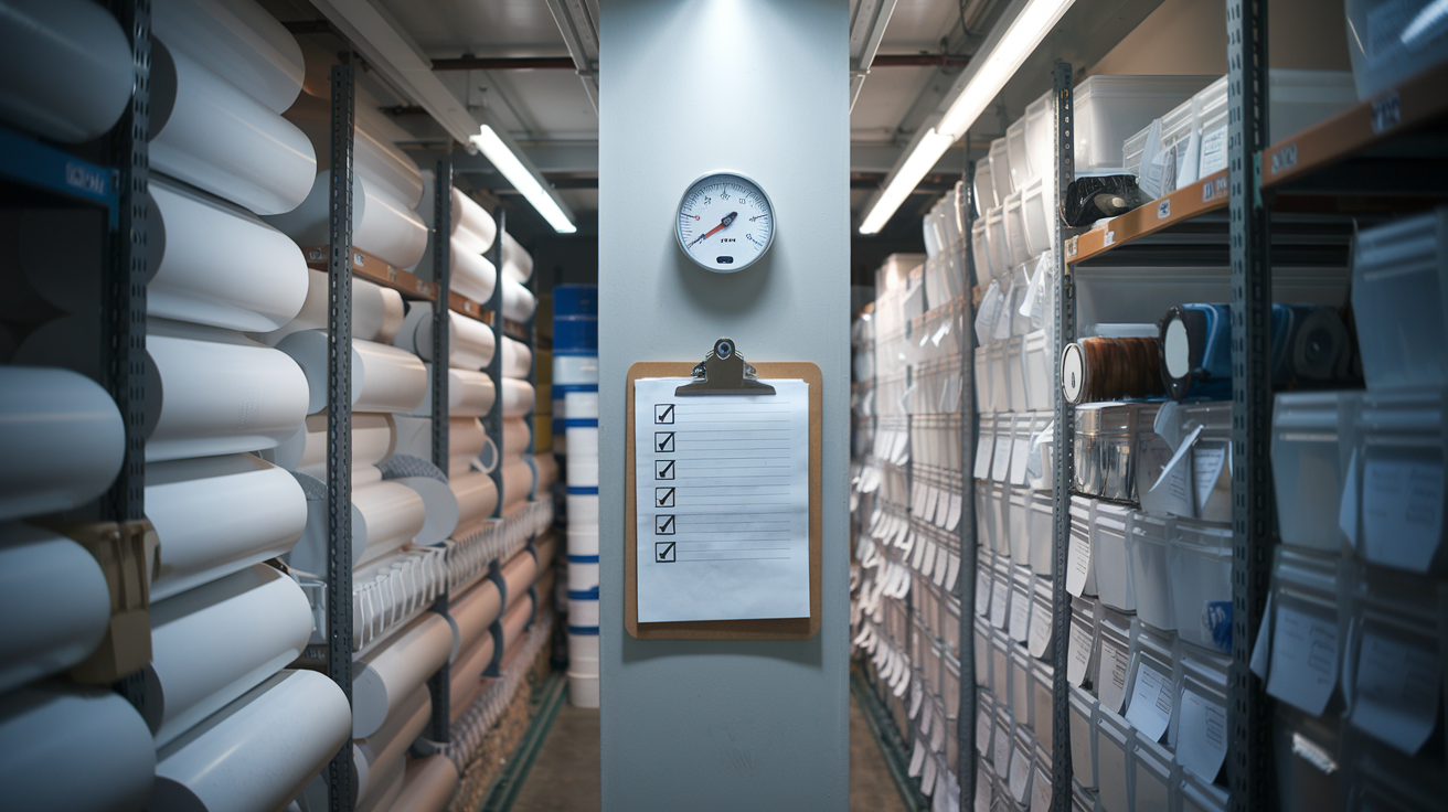 Create a realistic image of neatly stacked release coating paper rolls in a clean, climate-controlled storage room with temperature and humidity gauges visible, alongside a maintenance checklist on a clipboard and storage containers with proper labeling, under soft, even lighting that highlights the pristine condition of the materials.