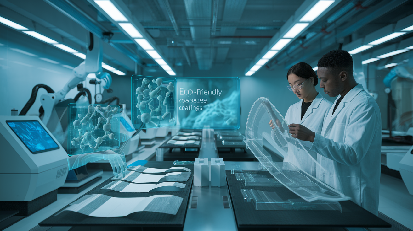 Create a realistic image of a futuristic laboratory setting with advanced coating machines featuring digital interfaces, robotic arms applying precise coatings to paper samples, holographic displays showing molecular structures of eco-friendly release coatings, and researchers in white lab coats (one Asian female, one black male) examining a transparent flexible material, all illuminated by cool blue-white lighting that highlights the high-tech environment.