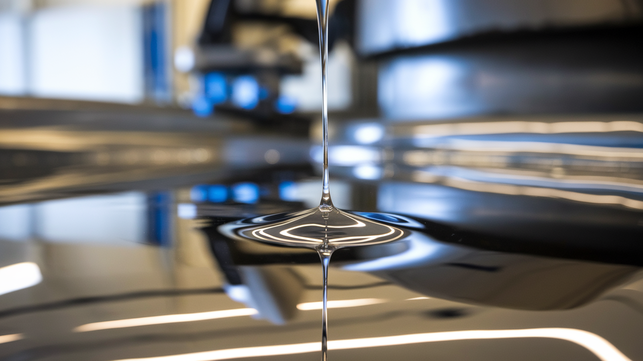 Create a realistic image of a close-up view of a smooth, glossy industrial surface with a liquid being repelled in perfect droplets, demonstrating non-stick properties of high-performance release coatings, with machinery visible in the soft-focus background, industrial lighting highlighting the coating's reflective quality, and the text "The Hidden Benefits of Release Coatings" elegantly positioned at the bottom.