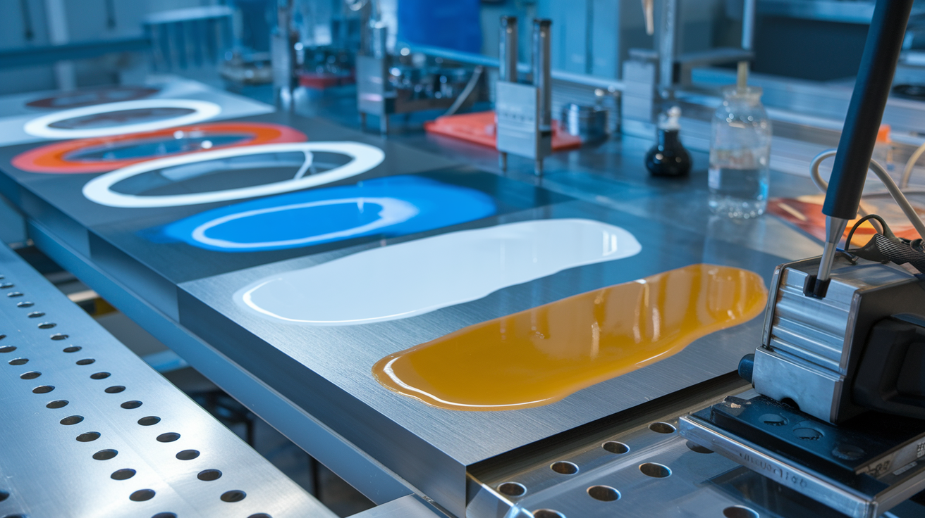 Create a realistic image of various release coating materials displayed on a laboratory table, showing different textured surfaces like silicone, fluoropolymer, and wax-based coatings alongside technical measurement tools, with a close-up view of a coating being applied to a metal substrate, all under bright, clinical lighting that highlights the unique properties and sheen of each coating type.