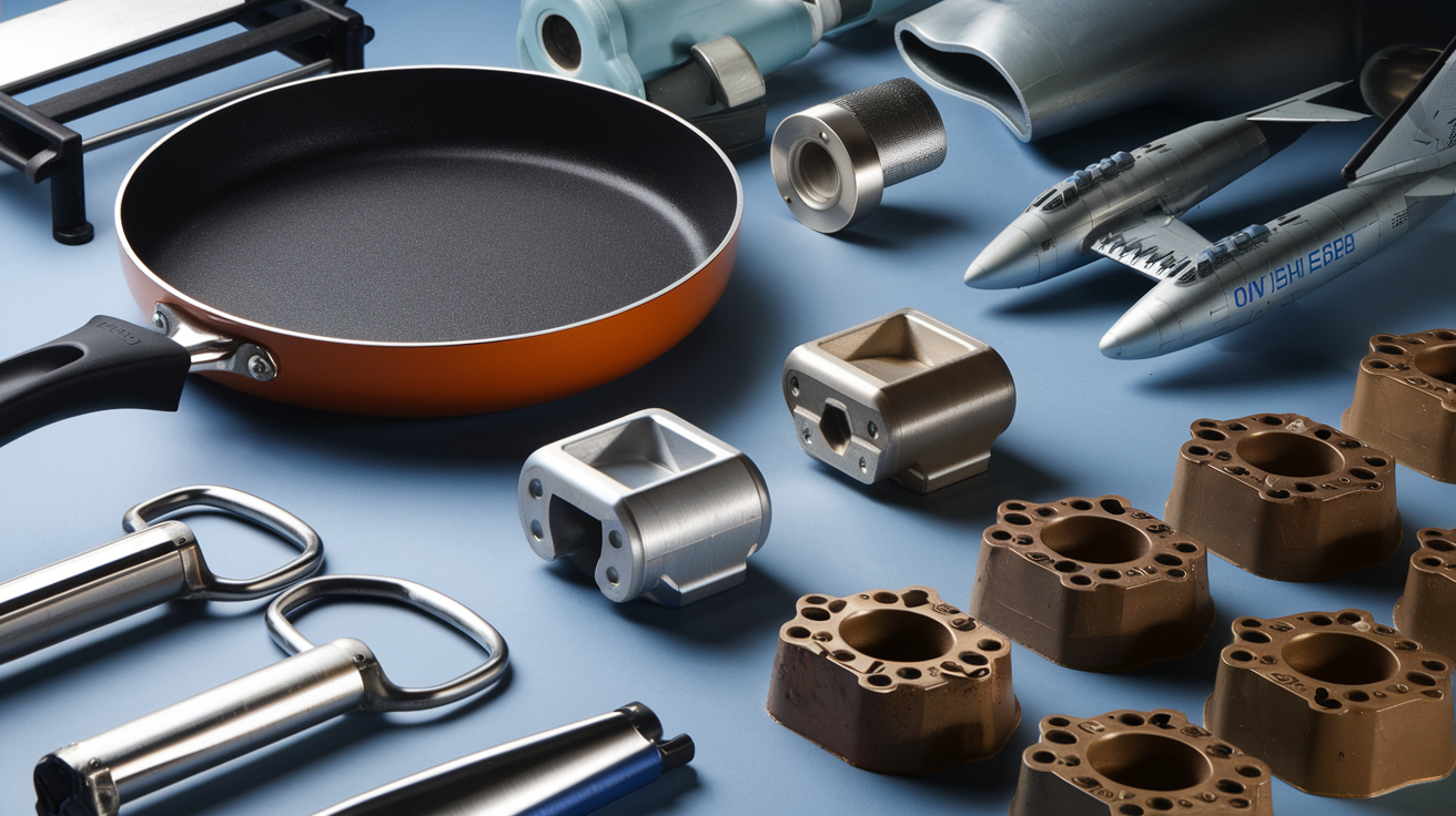 Create a realistic image of various industrial products with release coatings being used across different sectors - showing a close-up of a non-stick cookware pan, medical equipment with anti-fouling coating, aerospace components with heat-resistant coatings, and automotive molds - arranged in a professional grid layout with subtle industrial lighting highlighting the specialized coating surfaces.