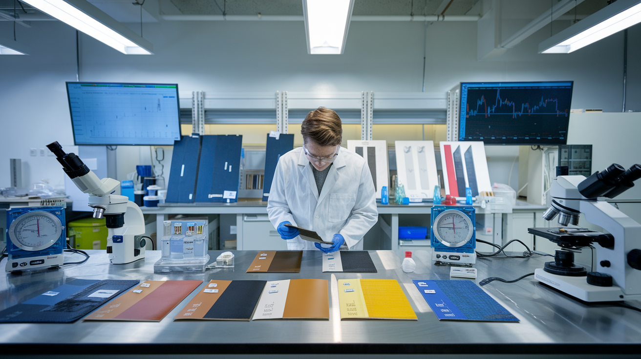 Create a realistic image of a laboratory setting with a scientist in a white lab coat examining different release coating samples on a workbench, with technical equipment like viscometers and microscopes nearby, test panels showing various coating applications, data charts on wall monitors, and bright, clinical lighting highlighting the professional, technical environment.