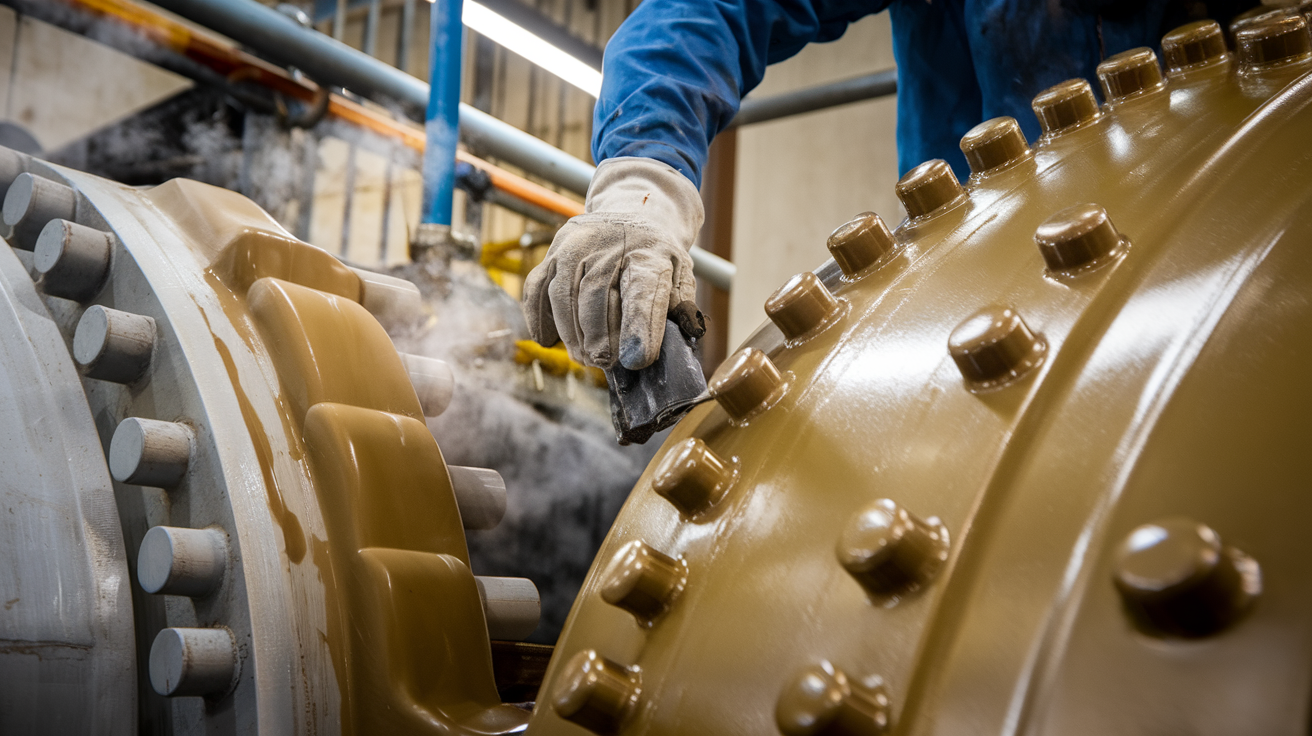 Create a realistic image of specialized release coating being applied to industrial equipment in a harsh environment, showing heat-resistant coating on metal parts with visible steam or chemicals nearby, demonstrating durability and performance under extreme conditions, with close-up details of the smooth, protective surface resisting corrosion and wear.