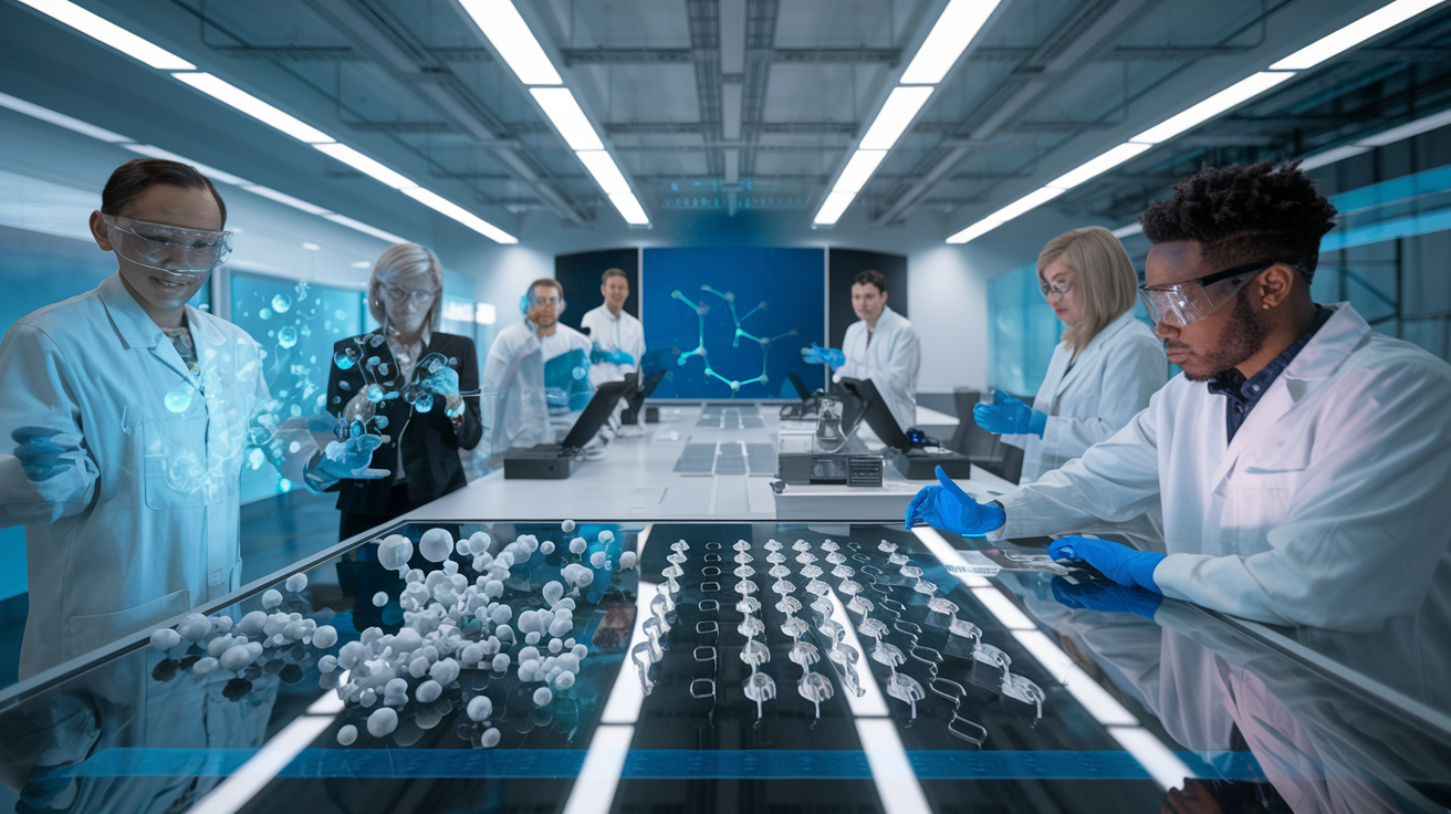 Create a realistic image of a futuristic laboratory environment where a diverse research team examines advanced release coating materials, with a scientist using holographic displays showing molecular structures, while another researcher tests a next-generation coating on a transparent surface that appears to repel multiple substances simultaneously, with bright, clean lighting highlighting the high-tech equipment and innovative materials.