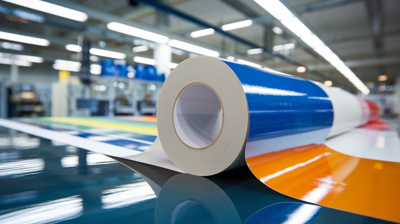 Create a realistic image of a roll of silicone-coated release paper being peeled away from an adhesive label, revealing the sticky surface beneath, with various colored release papers in the background and manufacturing equipment slightly blurred in the distance, under bright industrial lighting, with the text "Release Paper: The Essential Backing" visible in a corner.